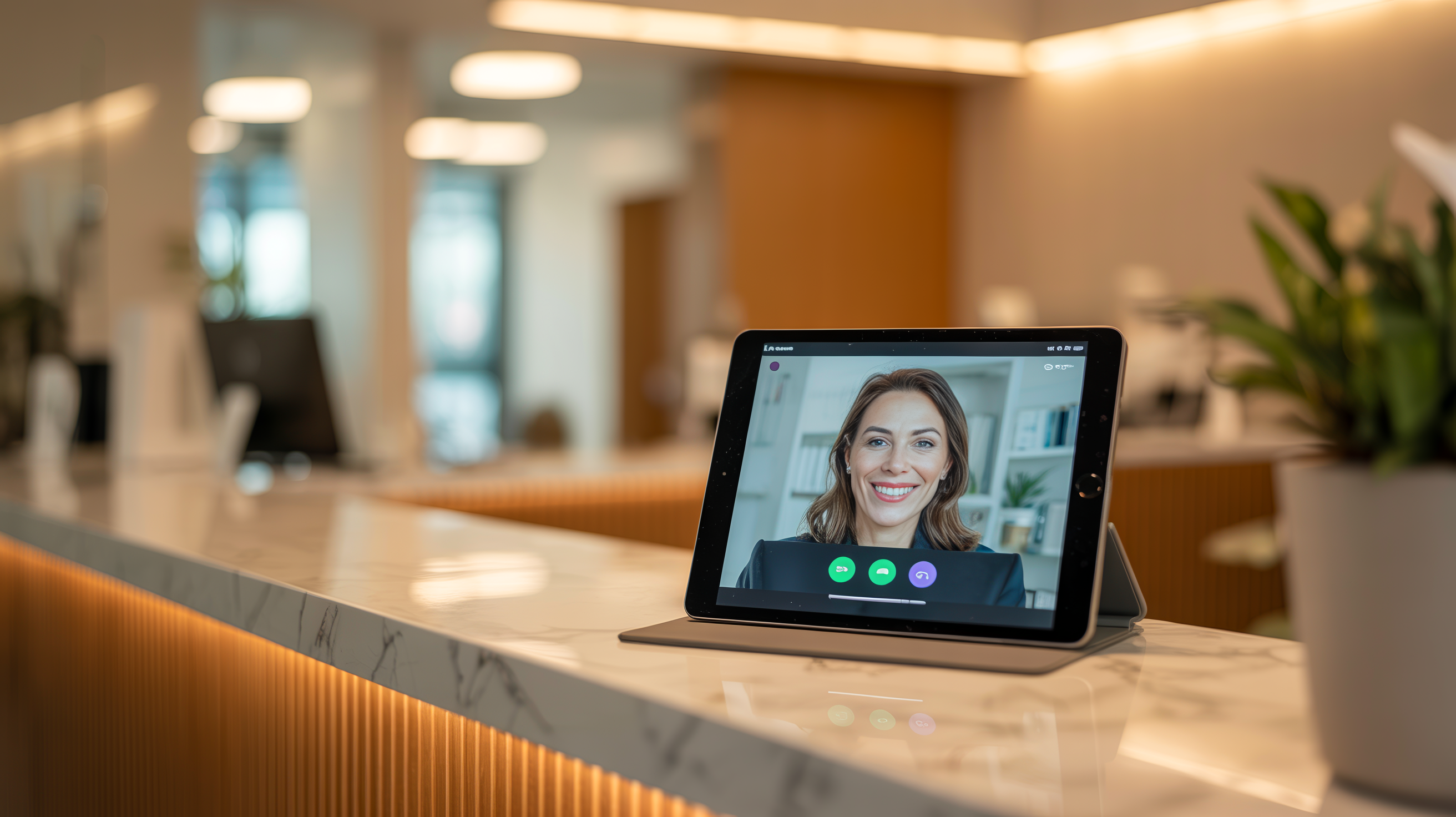 AI receptionist on tablet in dental office